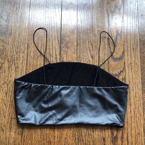 Black Faux Leather Stretch Spaghetti Strap Tube Top Crop Top - Picture 4 of 5